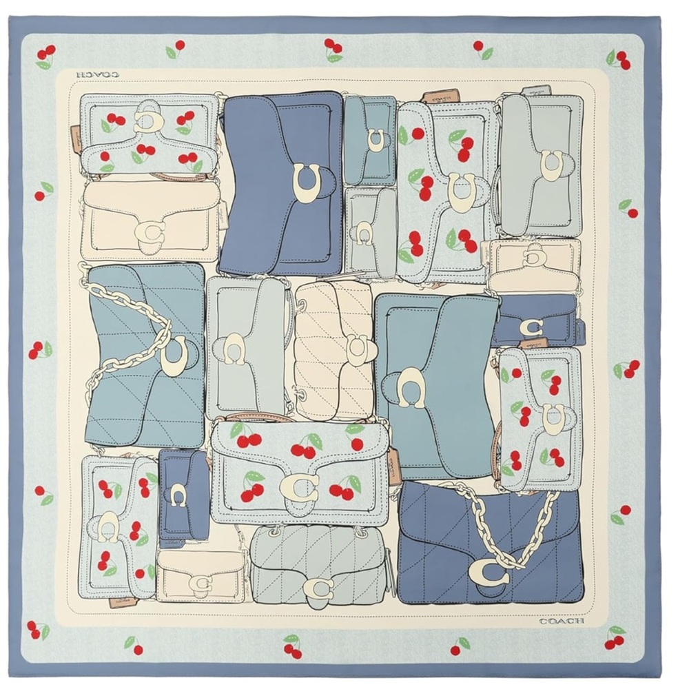 New Coach Blue and Cream Tabby Cherry Print Silk Scarf - Picture 3 of 6